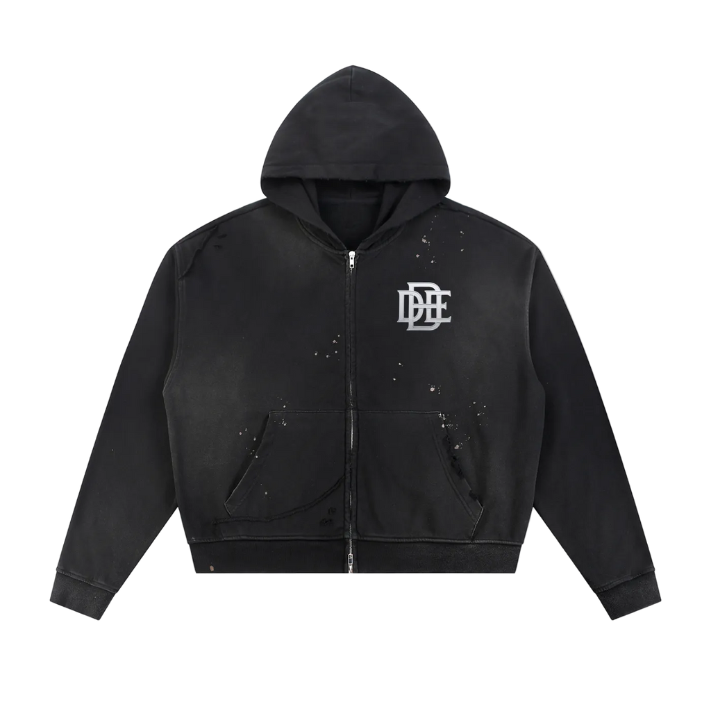 Sun Fade Frayed Raw Edge Fleece Zip Hoodie